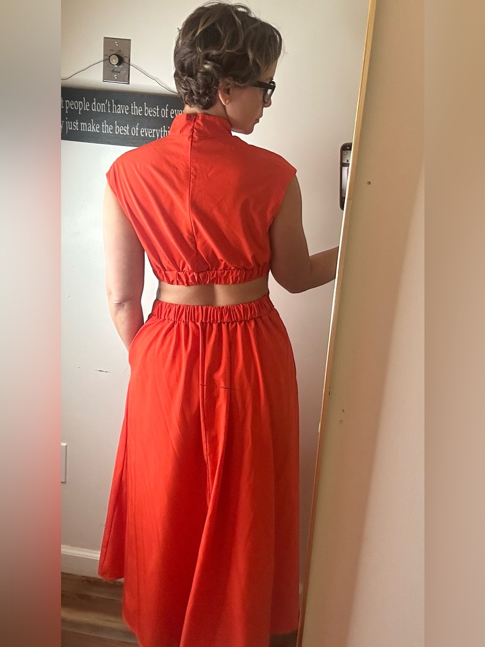 Vibrant Orange Red Cutout Midi Dress High Neck Mock Neck Size Small - Picture 3 of 4
